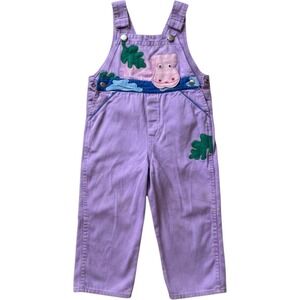 Vintage Popsicle Kids Purple Hippo Applique Cotton Overalls 90s Purple Size 2/3T